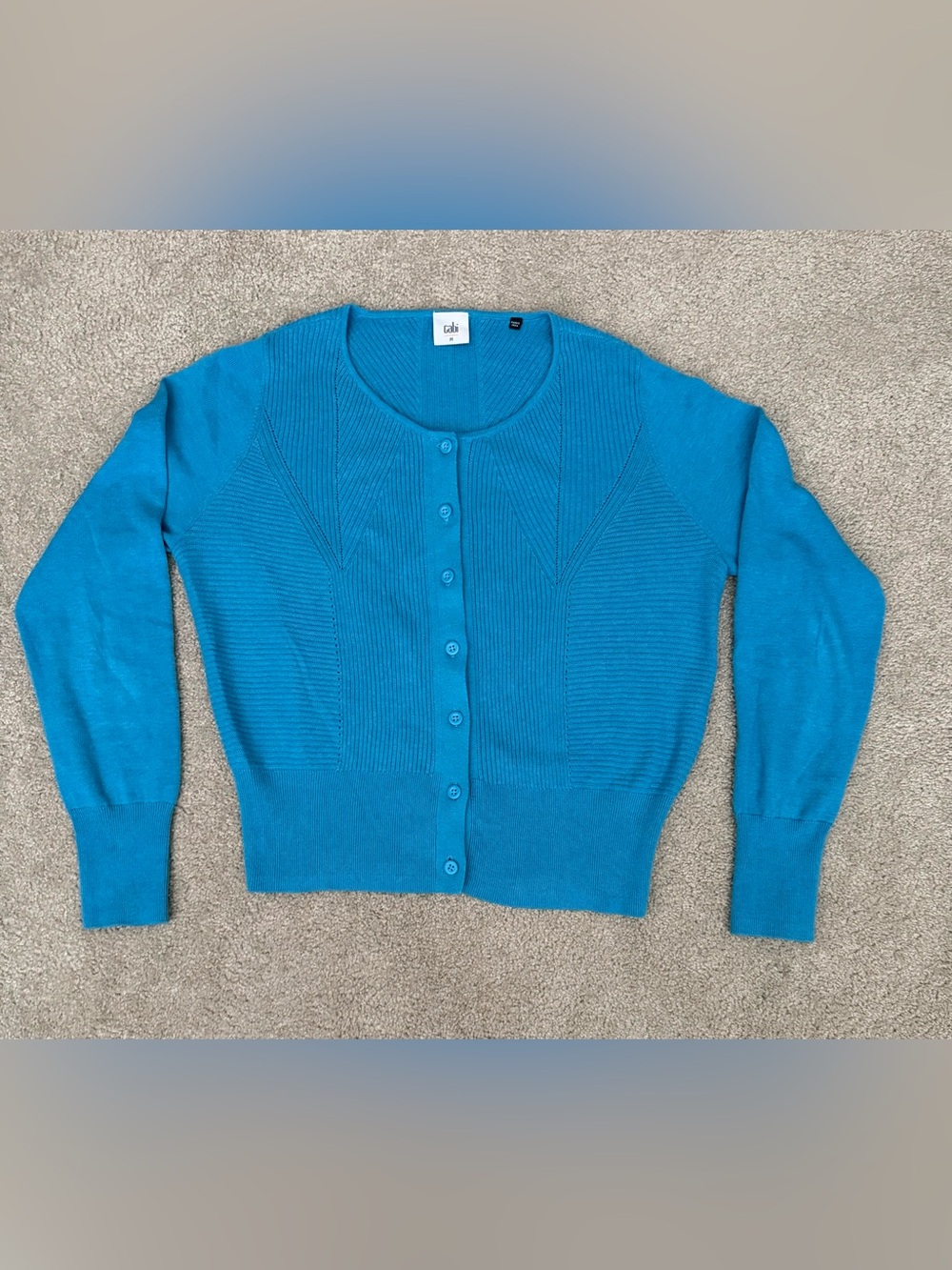 Cabi Women's Medium turquoise Cardigan Sweater Darby Ribbed Cotton EUC Soft